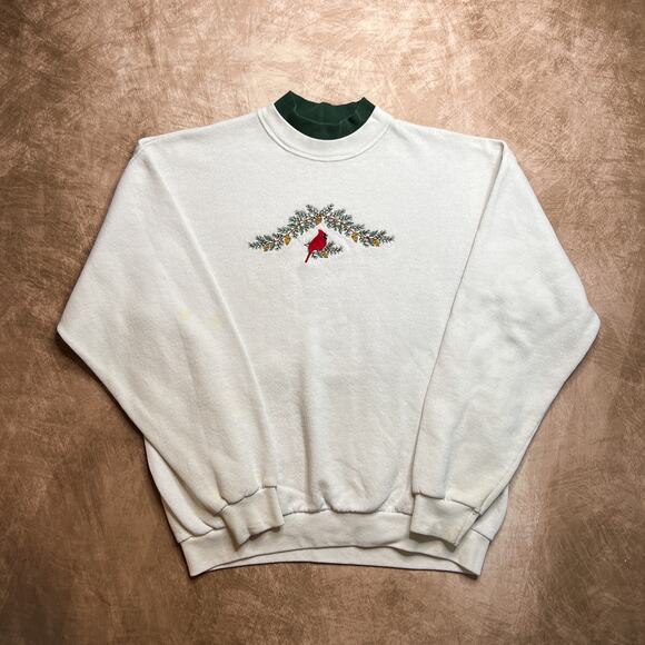 Vintage 90s Cardinal Holiday Pine Cone Embroidered Crewneck Sweatshirt White - Picture 1 of 8